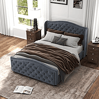 Furnlluxra Queen Size Tufted Upholstered Platform Bed with Nailhead Trim - Dark Grey Velvet