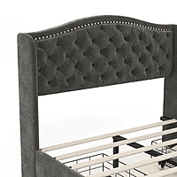 Furnlluxra Queen Size Tufted Upholstered Platform Bed with Nailhead Trim - Dark Grey Velvet