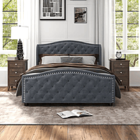 Furnlluxra Queen Size Tufted Upholstered Platform Bed with Nailhead Trim - Dark Grey Velvet