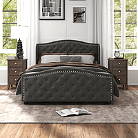 Furnlluxra Queen Size Tufted Upholstered Platform Bed with Nailhead Trim - Dark Grey Velvet