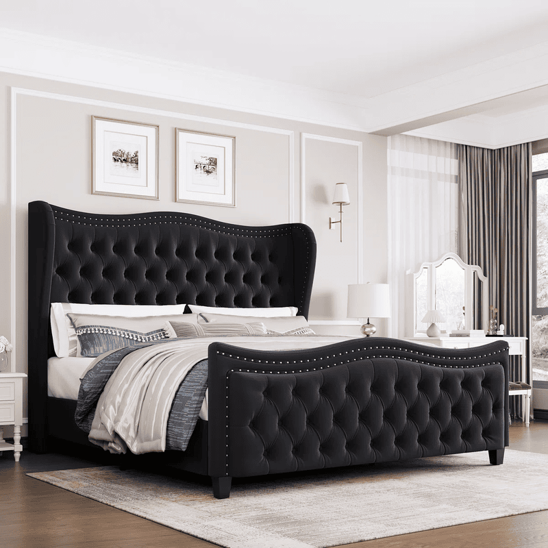 Furnlluxra Queen Size Black Velvet Upholstered Wingback Bed with Deep Button Tufting & Nailhead Trim