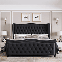 Furnlluxra Queen Size Black Velvet Upholstered Wingback Bed with Deep Button Tufting & Nailhead Trim