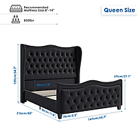 Furnlluxra Queen Size Black Velvet Upholstered Wingback Bed with Deep Button Tufting & Nailhead Trim