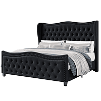 Furnlluxra Queen Size Black Velvet Upholstered Wingback Bed with Deep Button Tufting & Nailhead Trim