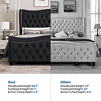 Furnlluxra Queen Size Black Velvet Upholstered Wingback Bed with Deep Button Tufting & Nailhead Trim