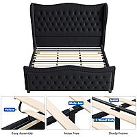 Furnlluxra Queen Size Black Velvet Upholstered Wingback Bed with Deep Button Tufting & Nailhead Trim