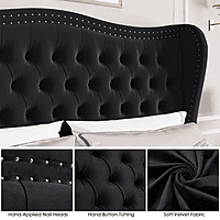 Furnlluxra Queen Size Black Velvet Upholstered Wingback Bed with Deep Button Tufting & Nailhead Trim