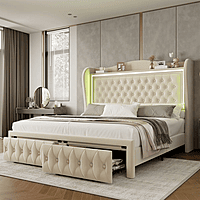Furnlluxra Queen Size Cream Upholstered Platform Bed with LED Headboard, Tufting & Storage Drawers