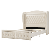 Furnlluxra Queen Size Cream Upholstered Platform Bed with LED Headboard, Tufting & Storage Drawers
