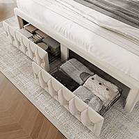 Furnlluxra Queen Size Cream Upholstered Platform Bed with LED Headboard, Tufting & Storage Drawers