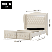 Furnlluxra Queen Size Cream Upholstered Platform Bed with LED Headboard, Tufting & Storage Drawers