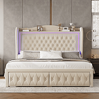 Furnlluxra Queen Size Cream Upholstered Platform Bed with LED Headboard, Tufting & Storage Drawers
