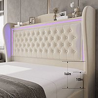 Furnlluxra Queen Size Cream Upholstered Platform Bed with LED Headboard, Tufting & Storage Drawers