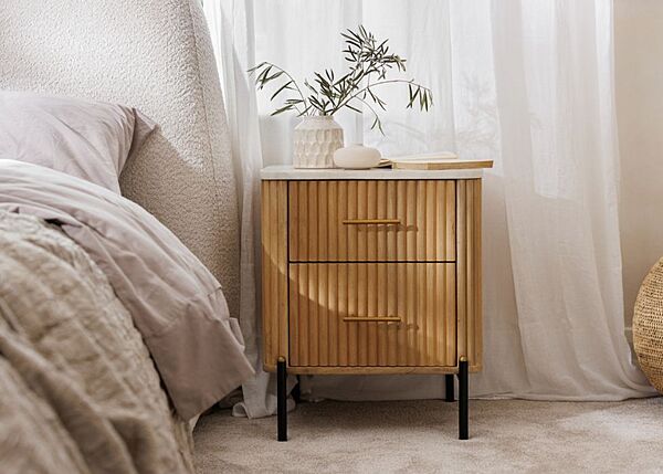 Fluted Wood Nightstand with Marble Top