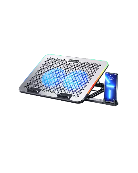 HAMMOK FANTASTIC RGB Cooler Pad – Dual Fan: Enhance your gaming experience with this sleek, stylish cooler pad featuring vibrant RGB lighting and dual fans for optimal airflow and temperature control.