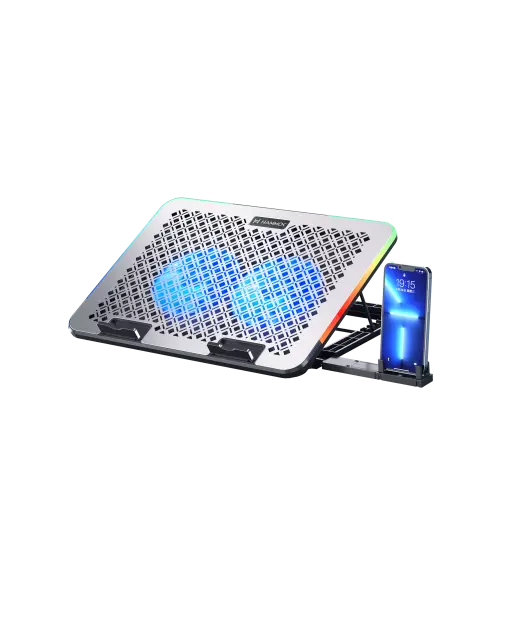 HAMMOK FANTASTIC RGB Cooler Pad – Dual Fan: Enhance your gaming experience with this sleek, stylish cooler pad featuring vibrant RGB lighting and dual fans for optimal airflow and temperature control.