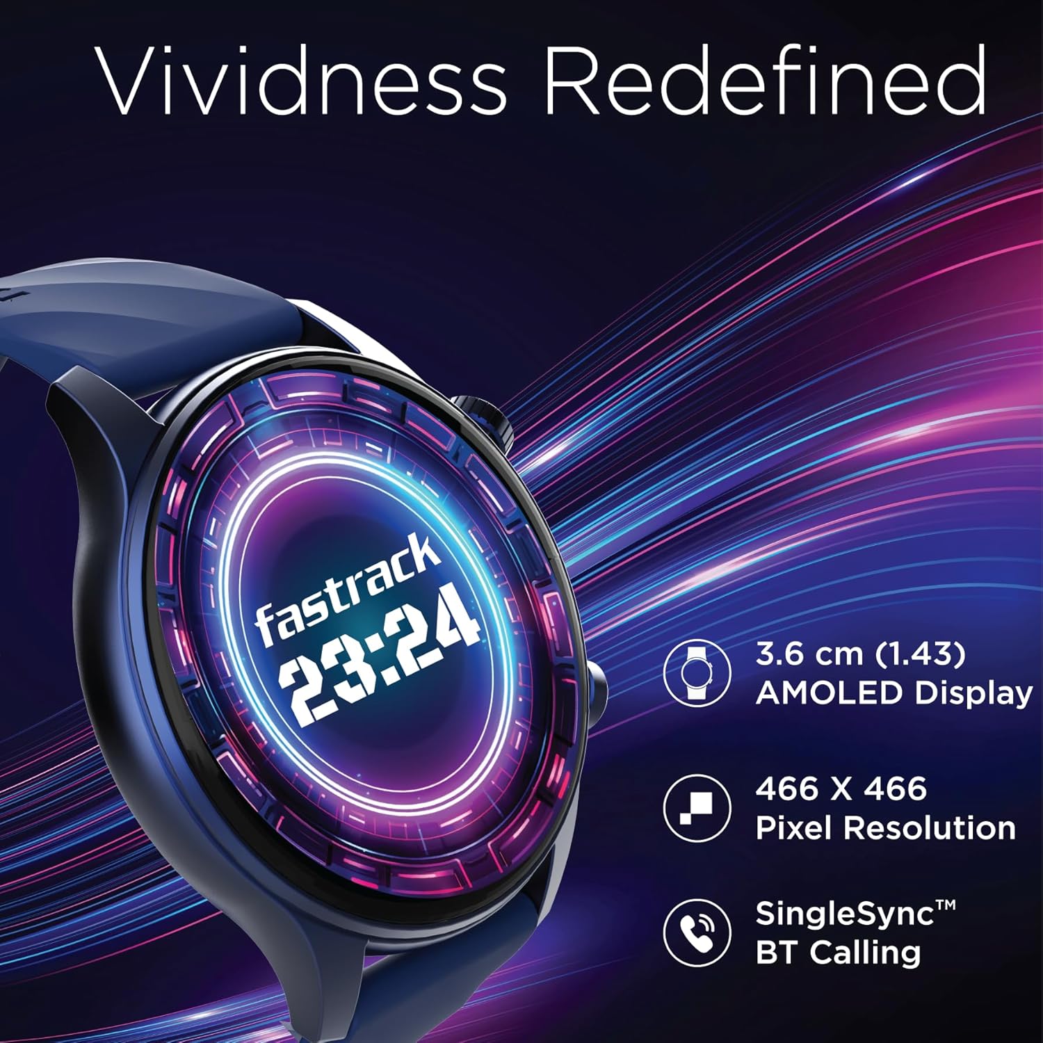Fastrack Vivid Pro 3.6 cm (1.43) AMOLED Display with Industry Best 466 x 466 Pixel Resolution with AOD Smart dial Silicone Strap Watch for Unisex Fastrack Vivid Pro 3.6 cm (1.43) AMOLED Display with Industry Best 466 x 466 Pixel Resolution with AOD Smart dial Silicone Strap Watch for Unisex