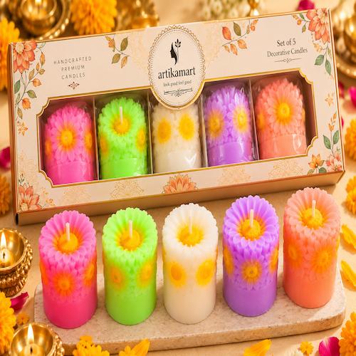 Diwali Candle - Sunflower Pillar - Multi Color - 5pc