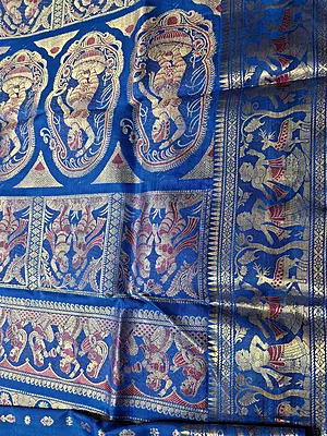 Figurine motif 2000 buta Swarnachari feroza blue with golden zari