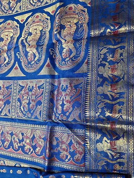 Figurine motif 2000 buta Swarnachari feroza blue with golden zari