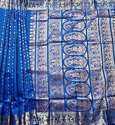 Figurine motif 2000 buta Swarnachari feroza blue with golden zari