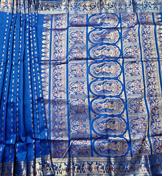 Figurine motif 2000 buta Swarnachari feroza blue with golden zari