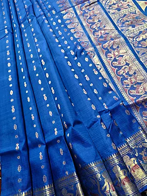 Figurine motif 2000 buta Swarnachari feroza blue with golden zari