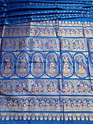 Figurine motif 2000 buta Swarnachari feroza blue with golden zari