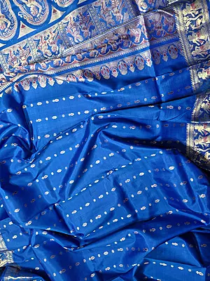 Figurine motif 2000 buta Swarnachari feroza blue with golden zari