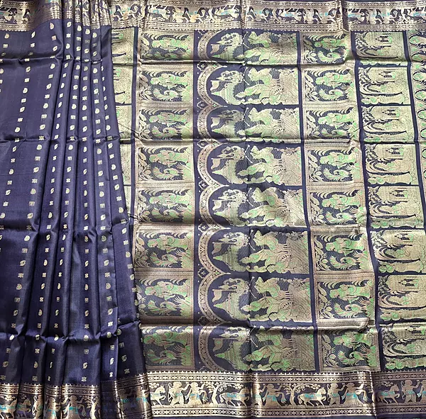 Figurine motif 2000 buta Swarnachari navy blue with golden zari