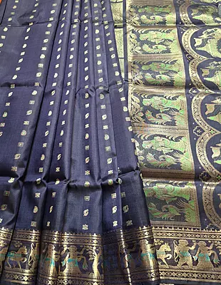 Figurine motif 2000 buta Swarnachari navy blue with golden zari