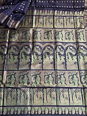 Figurine motif 2000 buta Swarnachari navy blue with golden zari