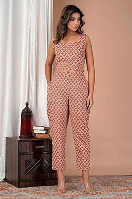 Fine Cotton Block Printed Co-Ord Set-Beige-3 Fine Cotton Block Printed Co-Ord Set-Beige-3