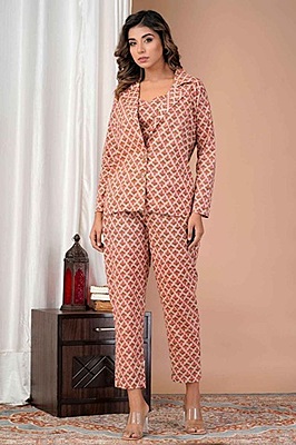 Fine Cotton Block Printed Co-Ord Set-Beige-4 Fine Cotton Block Printed Co-Ord Set-Beige-4