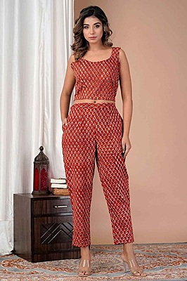 Fine Cotton Block Printed Co-Ord Set-Rust-2 Fine Cotton Block Printed Co-Ord Set-Rust-2