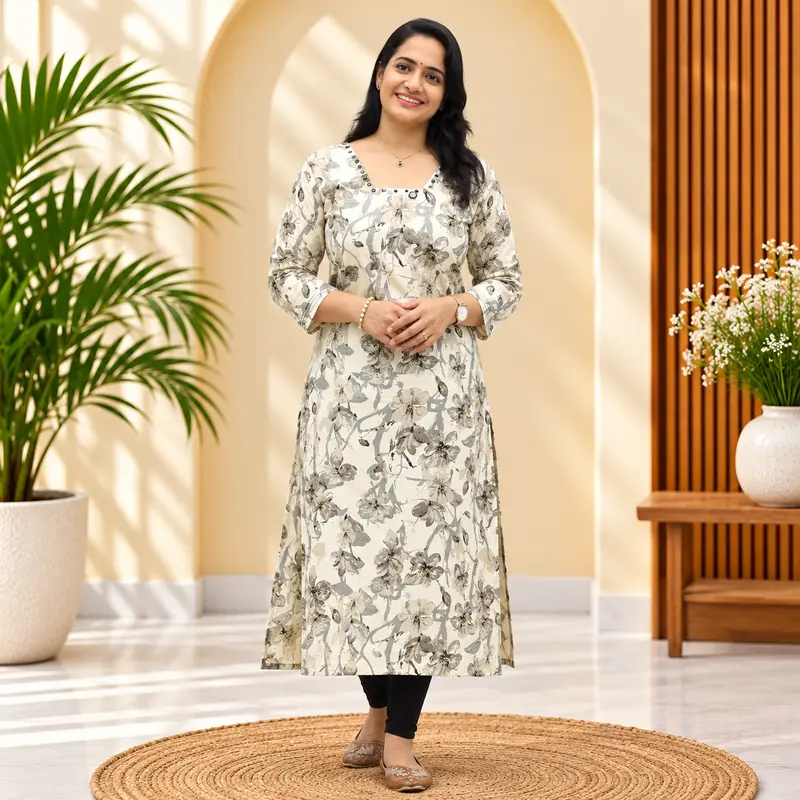 05jD Cream & Grey Cotton Floral Printed Kurti