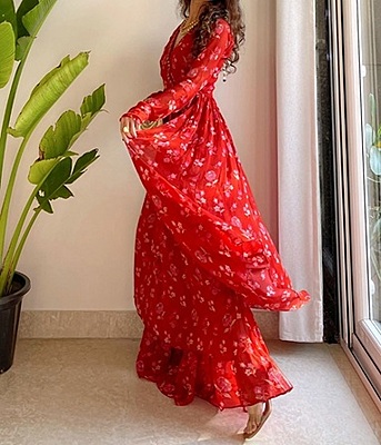 Floral Printed Georgette Angrakha Gown-Red-2