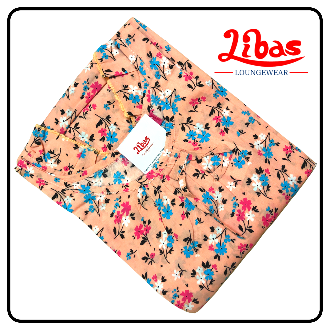 Floral printed rayon sleevless nighty with Light orange tone from libas loungewear-SL060 Floral printed rayon sleevless nighty with Light orange tone from libas loungewear-SL060