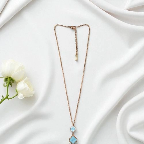 Elegant Rose Gold & Blue Clover Pendant Necklace