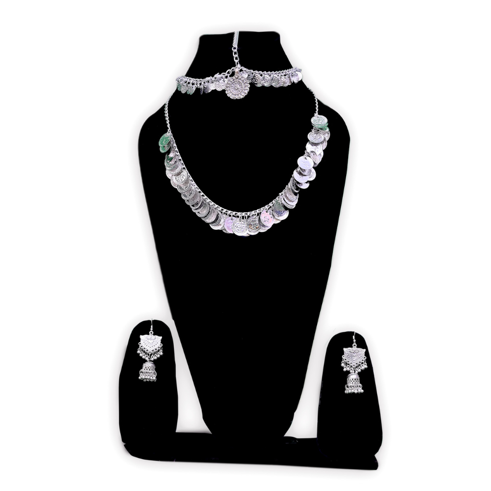 Folk Dance Silver Jewellery Set with Three Layer Maang Tikka