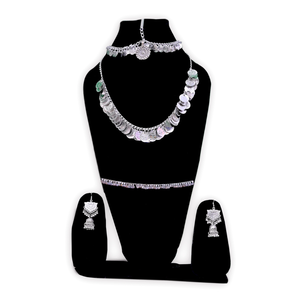 Folk Dance Silver Jewellery Set with Three Layer Maang Tikka Folk Dance Silver Jewellery Set with Three Layer Maang Tikka