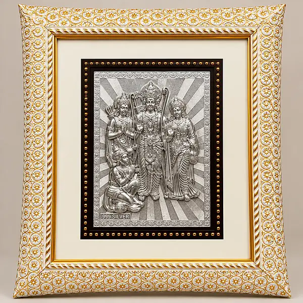 Ram Darbar Silver-Tone Devotional Wall Frame – White & Gold Designer Frame