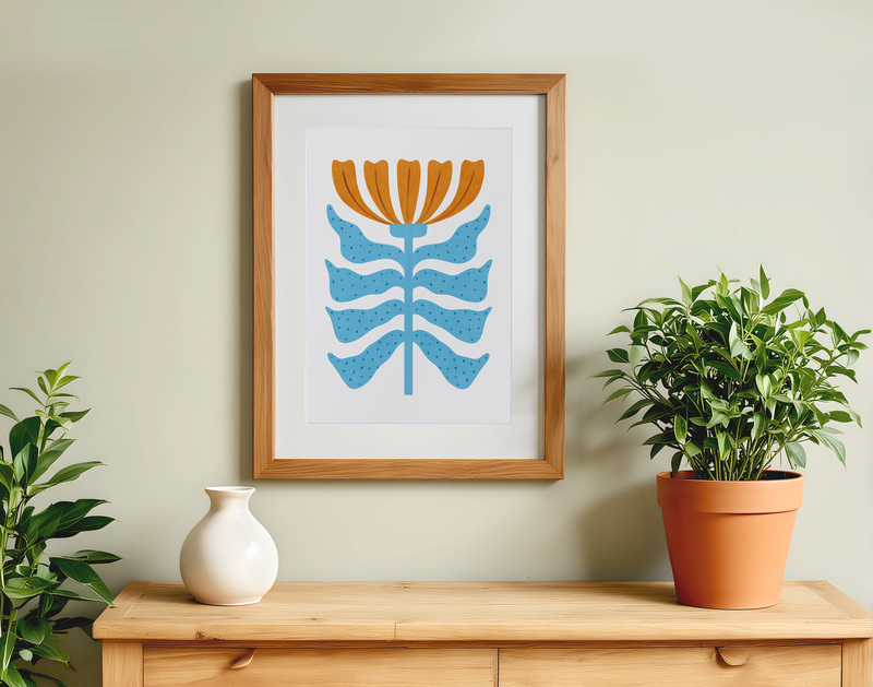 Blue Orange Floral Poster I Abstract Botanical Art