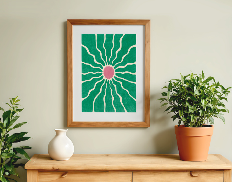 Green and Pink Sunburst Art Print Poster  I Retro Floral Wall Decor