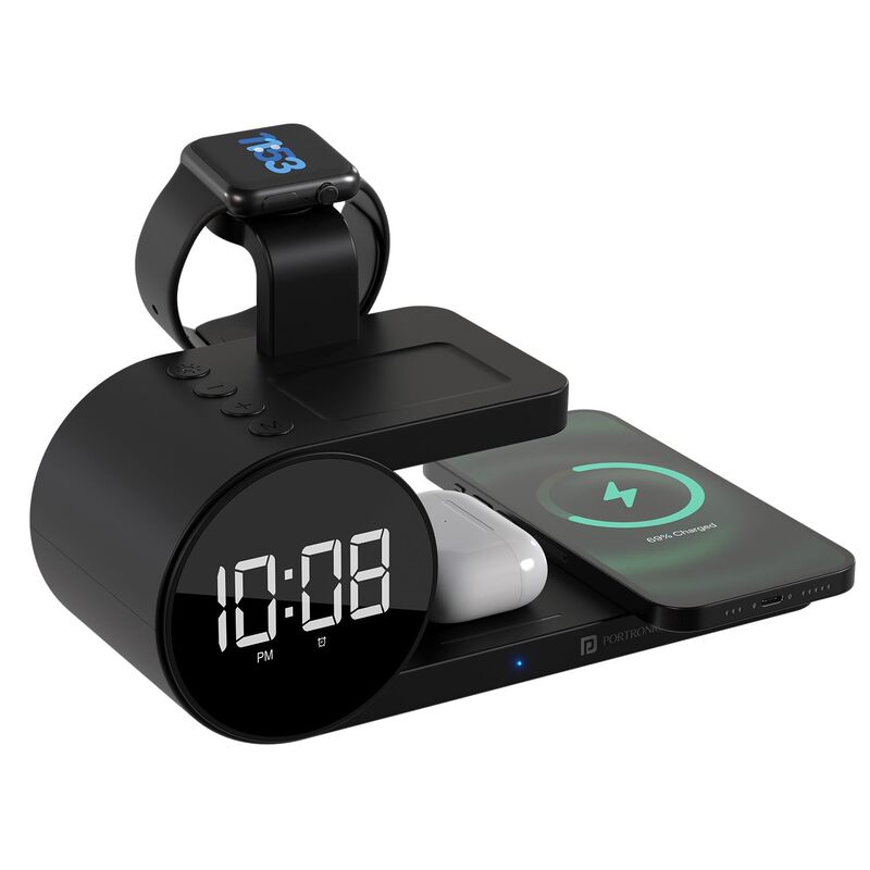 Portronics Freedom 6 15W Wireless Charger with 6-in-1 Function, Earbuds & Watch Wireless Charging, Digital Clock with Alarm, Compatible with iPhones/Samsung Smartphone Series, Support Fast Charging Portronics Freedom 6 15W Wireless Charger with 6-in-1 Function, Earbuds & Watch Wireless Charging, Digital Clock with Alarm, Compatible with iPhones/Samsung Smartphone Series, Support Fast Charging