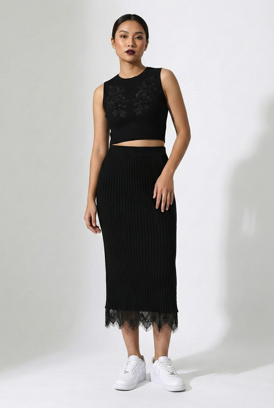 Lace Hem Ribbed Midi Skirt