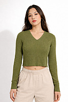 Cropped Ribbed V-Neck Knit Top