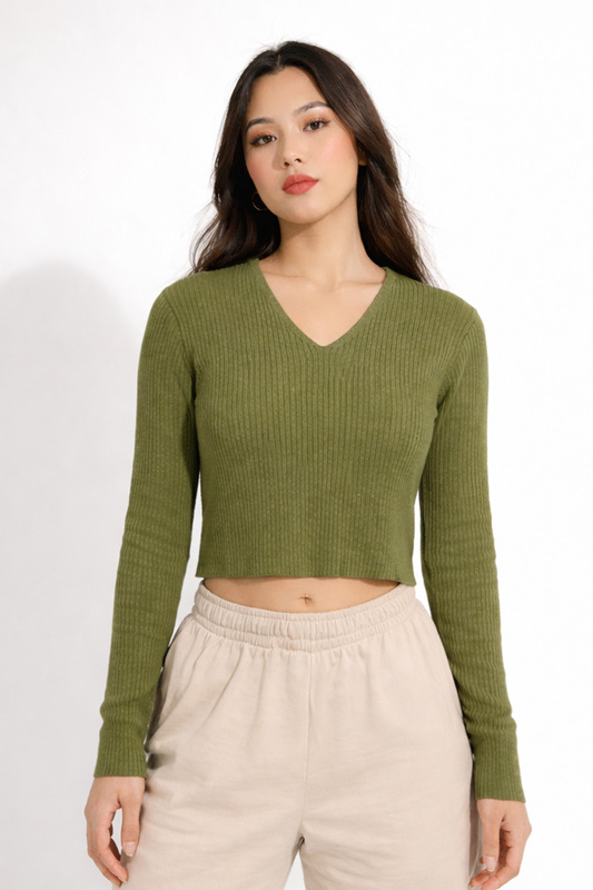 Cropped Ribbed V-Neck Knit Top
