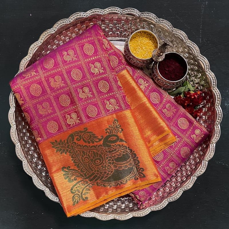 Scarlet Pink Kanchipuram with Passion flower