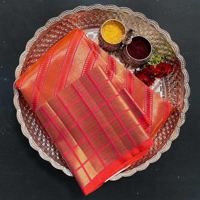 Goldfish Orange Kanchipuram with Kattam Border